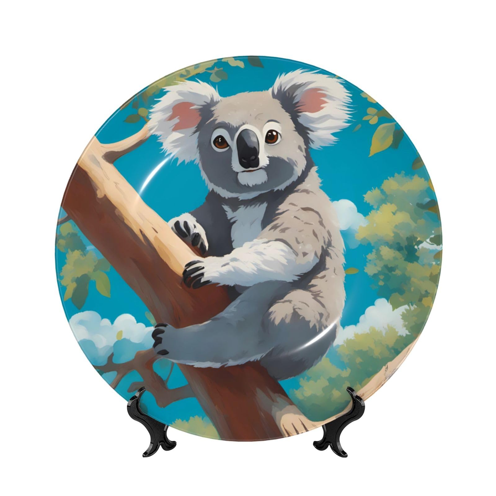 SXZVVBN A happy koala Bone China Decorative Plate Art with Stand Removable Adhesive Hanging for Home Office 7in