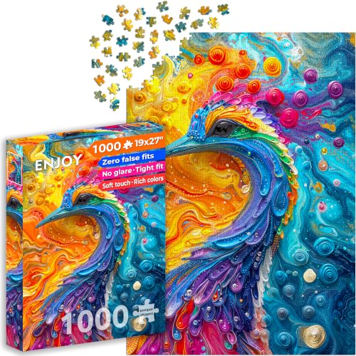 Puzzle 1000 pièces pour Adultes - Paon Abstrait à l'aquarelle et marbrures | Finition Mate antireflet | Puzzle Amusant et exigeant | 68 x 48 cm | Cadeau Original | Enjoy