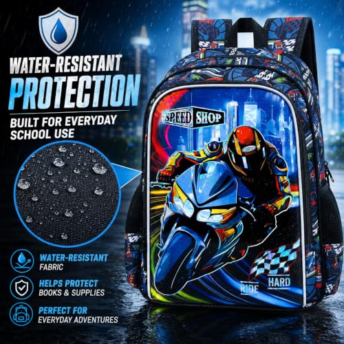 Image of 16 inch Cars Backpack for Boys, 3Pcs Kids Bookbag with Lunch Box, Motorcycle School Backpacks Set for Elementary Preschool Kindergarten(Black)