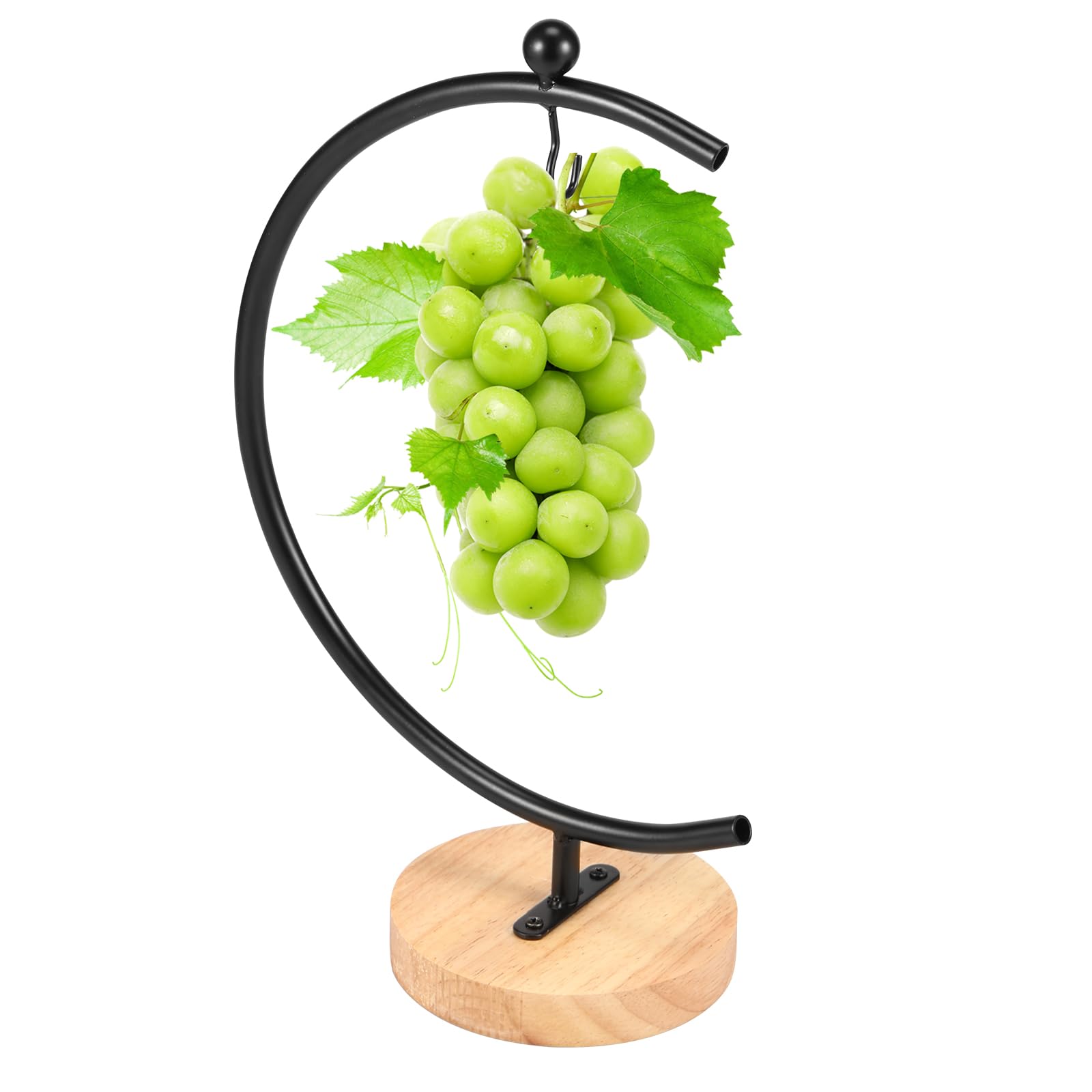 Guijzsltrg Black Banana Holder Stand Moon Shape Banana Hanger Rack Metal Fruit Hook With Wood Base Rustic Wooden Grape Stand Decorative Fruit Storage Rack To Keep Bananas & Fruits Fresh For Kitchen Countertop