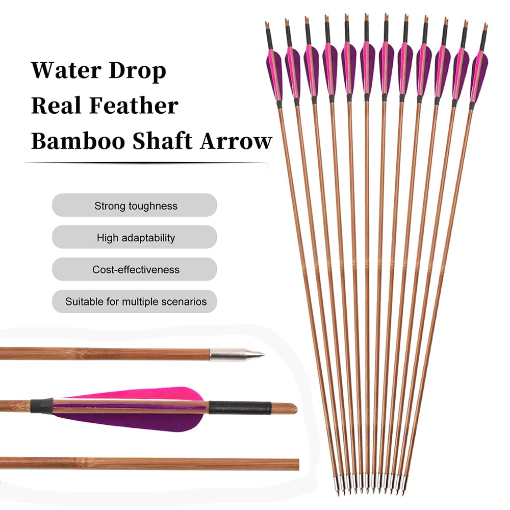 12 pz OD 7 mm 8 mm Frecce in Bambù 4 pollici Piuma di Tacchino Rosa Viola, OD 8 mm Freccia in Legno di Cedro con Piuma di Tacchino Gialla Lunghezza Dell'asta 33" per Tiro con L'arco Pratica Caccia