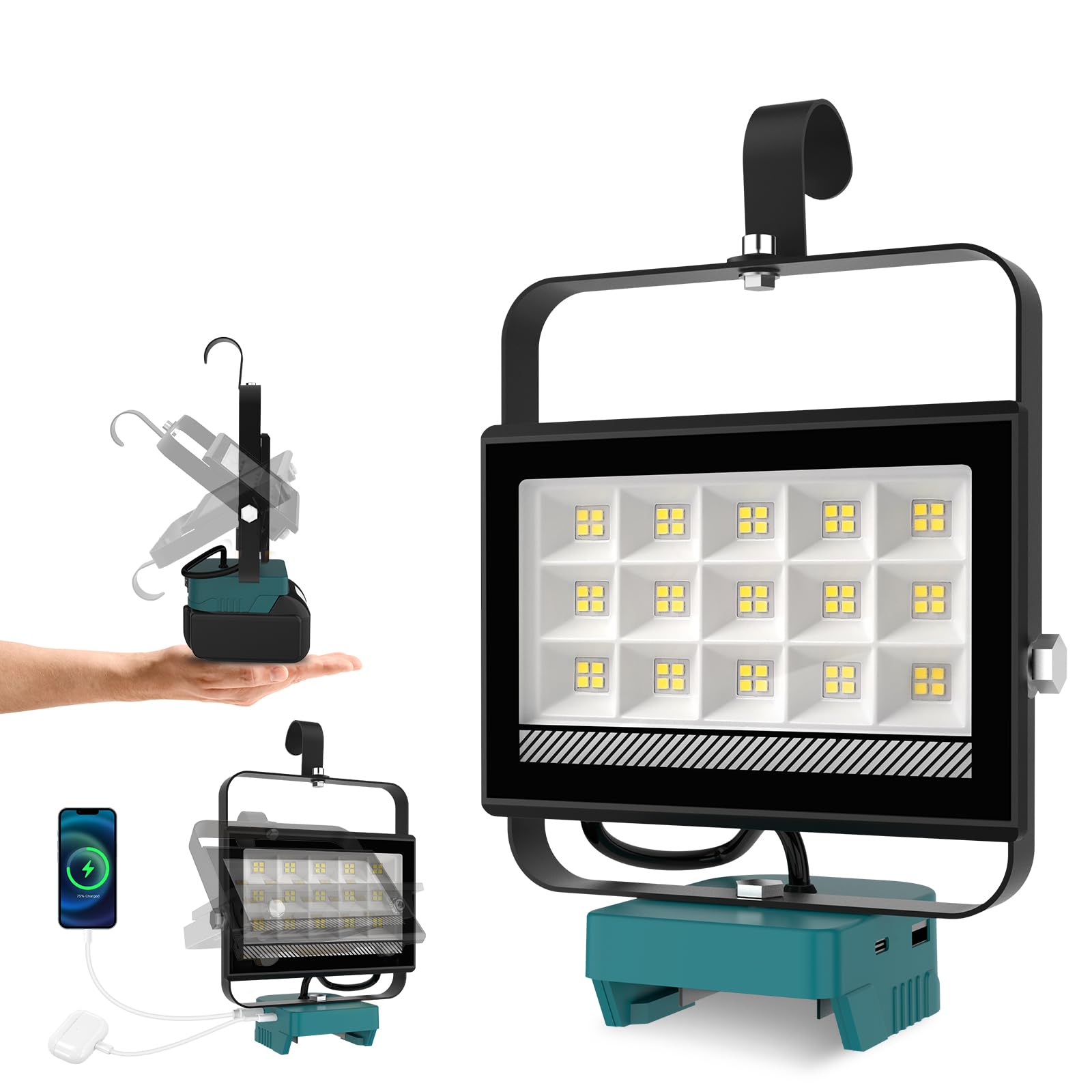 ILIKEPOW Cordless LED Work Light Compatible with makita 18V Battery, 4500LM Portable Rotatable Floodlight with USB-C Charging, Job Site Lighting for Outdoor Workshop Camping Fishing Emergency