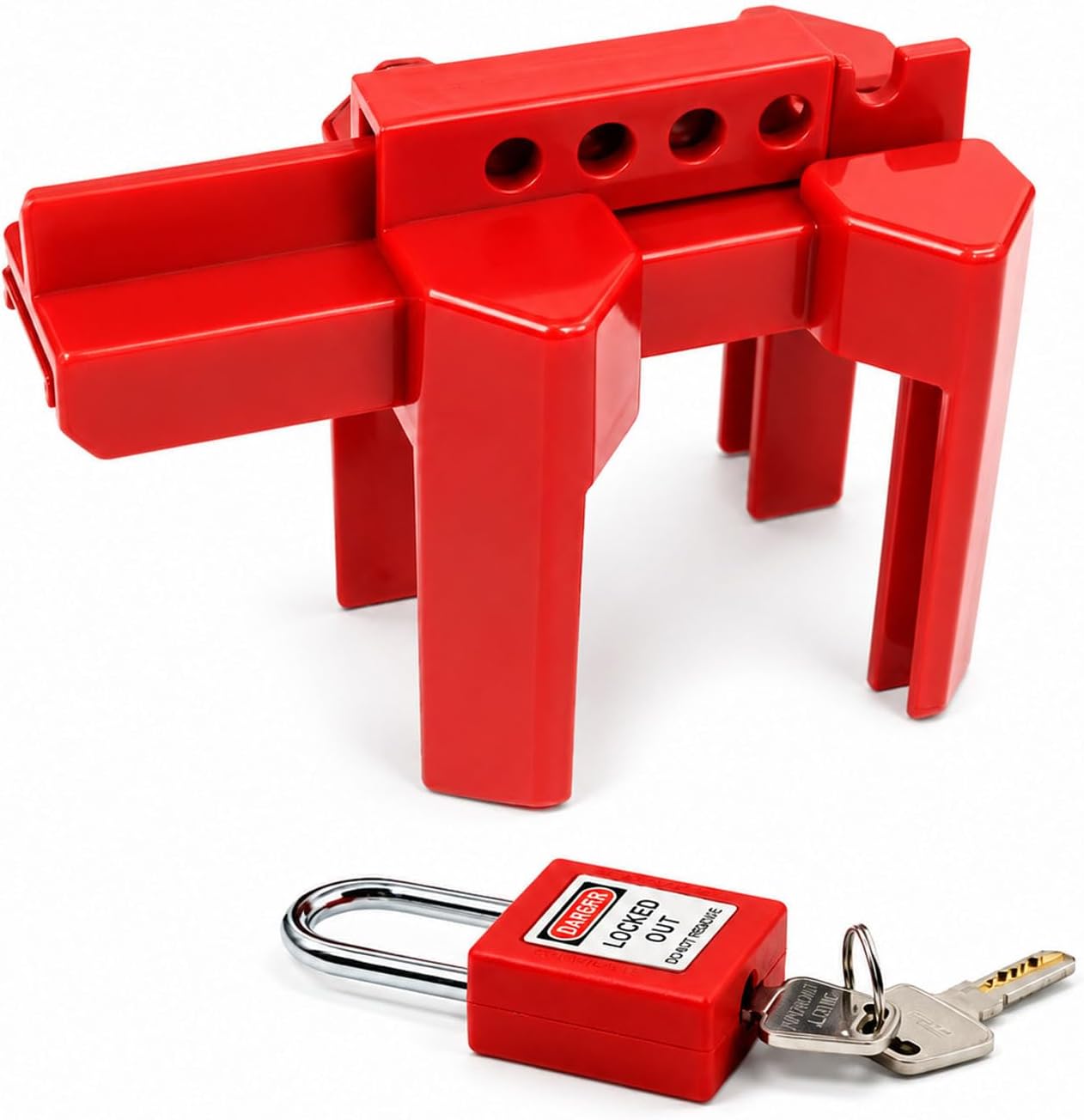 Ball Valve Lockout Device, Adjustable Small Red | 1/2"-2-1/2" Outside Pipe Diameter, Outdoor Water Spigot & Industrial Faucet, Handle Pipeline Locking