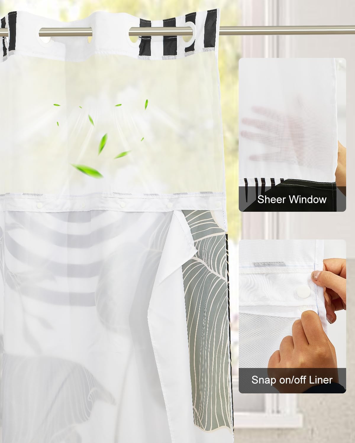 No Hook Shower Curtain with Snap in Liner Set, Abstract Tropical Botanical Print Shower Curtains for Boho Mid Century Modern Bathroom, Waterproof Bath Curtain with Mesh Top, 71x74 Inch