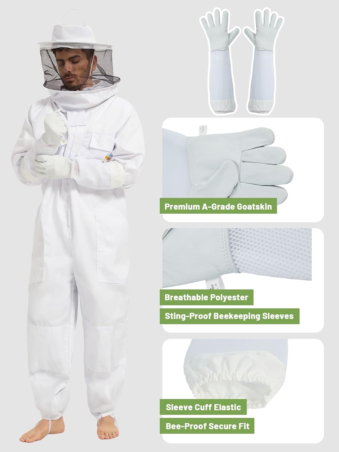 Bee Suit with 2 Ventilated Hoods, Sting Proof Thickened Fabric Beekeeping Suit for Men Women, Full Protection Beekeeper Suit with Gloves (XL)