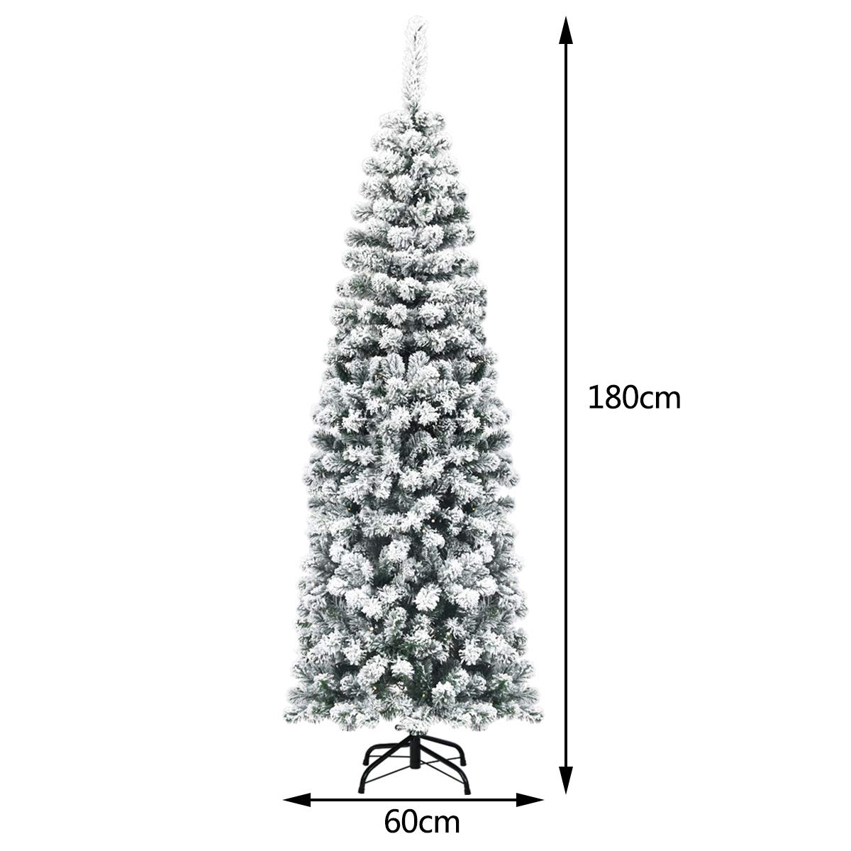 COSTWAY Árbol de Navidad Nevado con Luces 180cm, Arbol de Navidad Slim/Estrecho con Luces Incorporadas, 250 Luces LED Cálidas, Arvore de Natal con 500 Ramas de PVC(180 cm Luces)