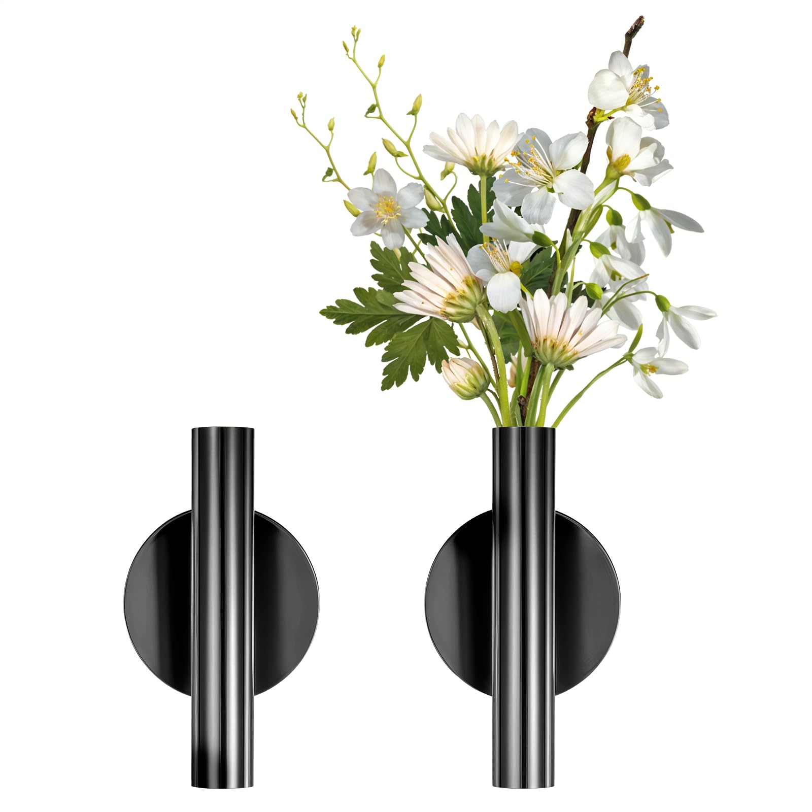 2 PCS Wall Flower Vase, Wall Vase Black WallMounted Flower Tube Modern Dried Flowers Holder Walls Metal Tube Decoration Holder Walls Planter Hanging