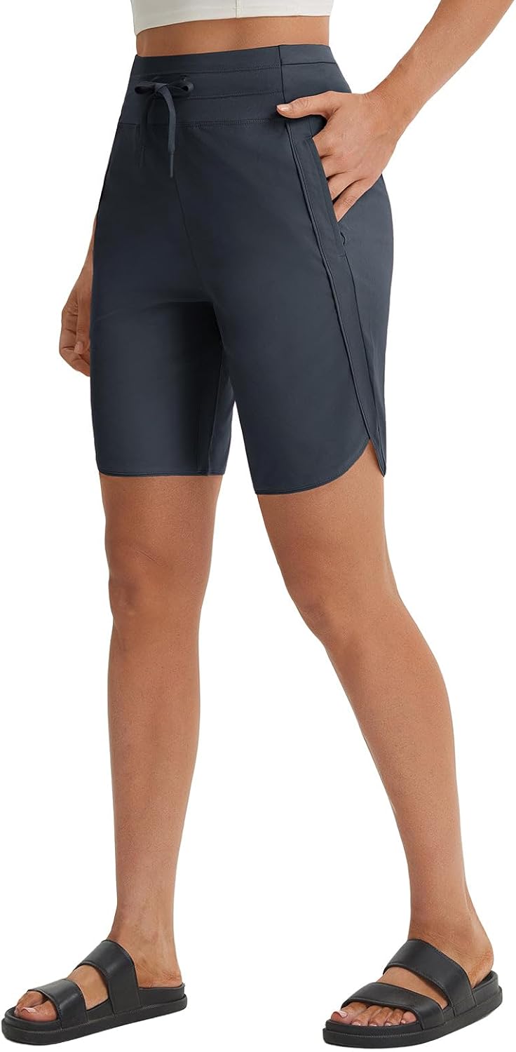 baleaf Women's 9" Athletic Running Long Shorts with Pockets Quick Dry Knee Length Bermuda Shorts High Waisted UPF 50+