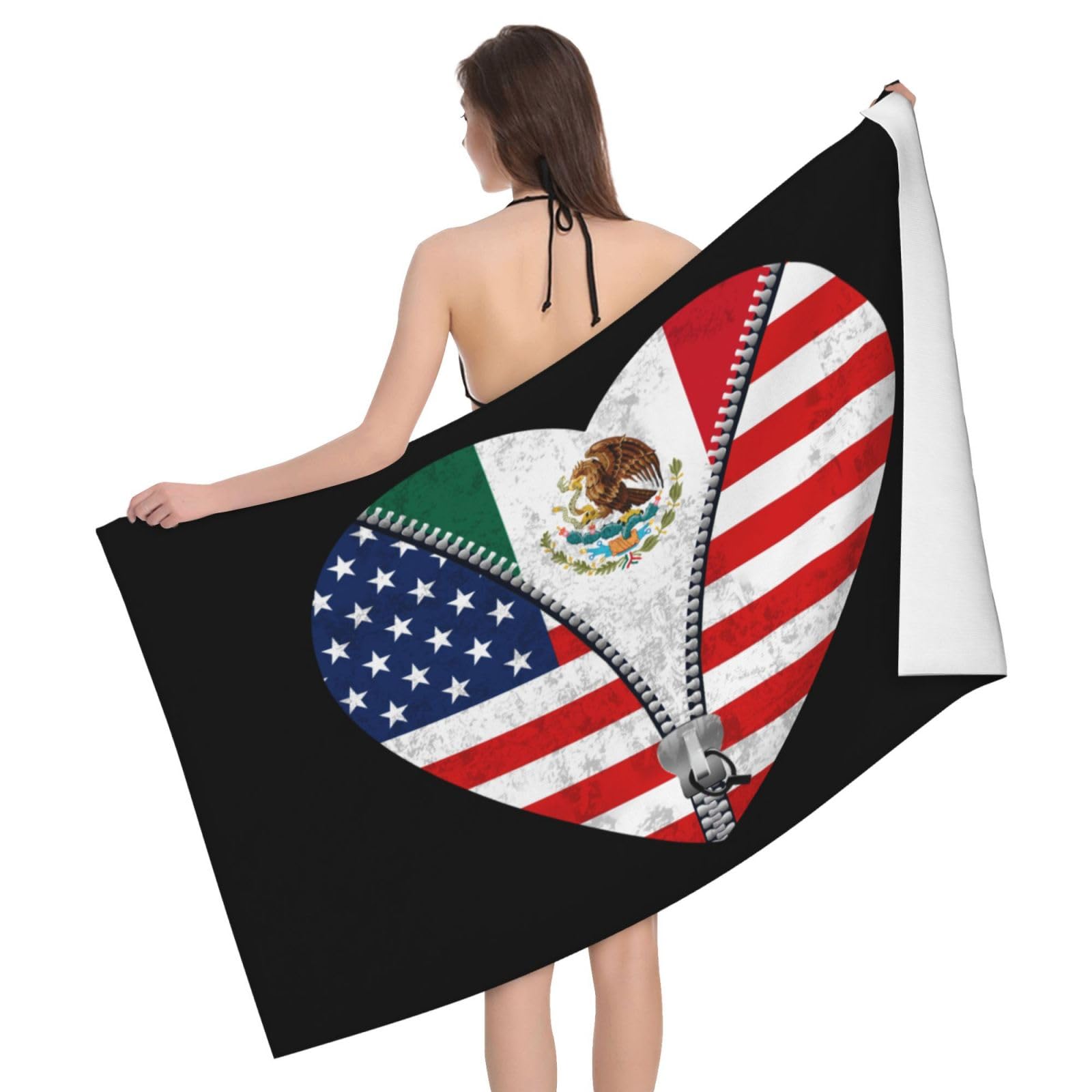 HLBSDM Microfiber Heart America Flag and Mexico Flag Beach Towel Quick Dry Soft Sand Free Beach Towels for Pool Swim Beach Lightweight Thin Towels