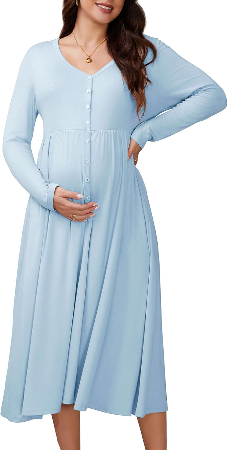 Womens Maternity Dresses Nursing Button Up Pleated Photoshoot Baby Shower Pregnancy Maxi Breastfeeding Dress