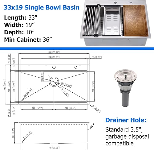 Miniatura 5 de Fregadero de cocina con caída de 33 x 19 pulgadas, fregadero de cocina de acero inoxidable de 33 pulgadas, cuenco individual calibre 16, hecho a