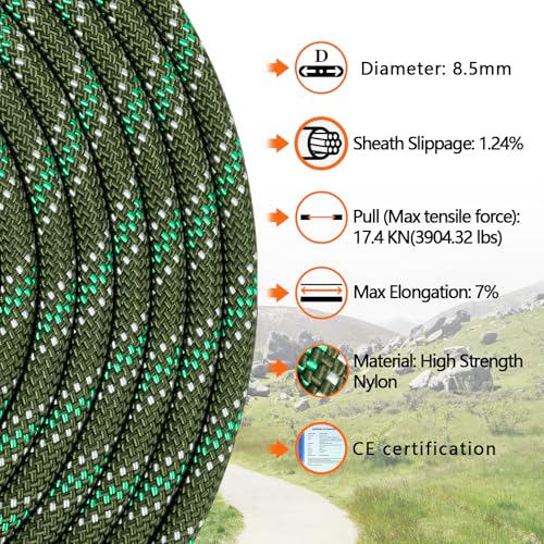 AOLEBA 8.5mm Static Climbing Rope, Outdoor Rock Climbing Ropes, Heavy Duty Rappelling Rope for Fire Rescue, Escape, 10M(32Ft) 20M(64Ft) 30M(96Ft) Ice Climbing Equipment & Parachute Accessories
