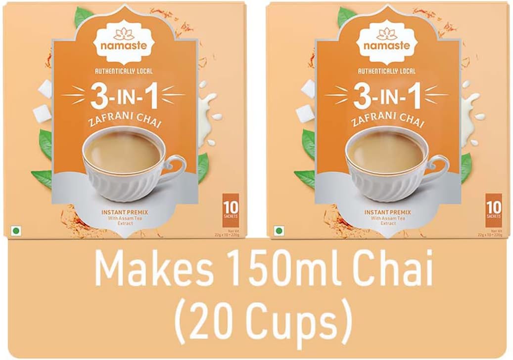 Namaste Chai Instant Tea Premix Zaffrani Chai | Assam | Cardamon | Kesar Flavor | Milk and Sugar | Ready Mix Powder | 22g x 20 Sachets | Pack of 2