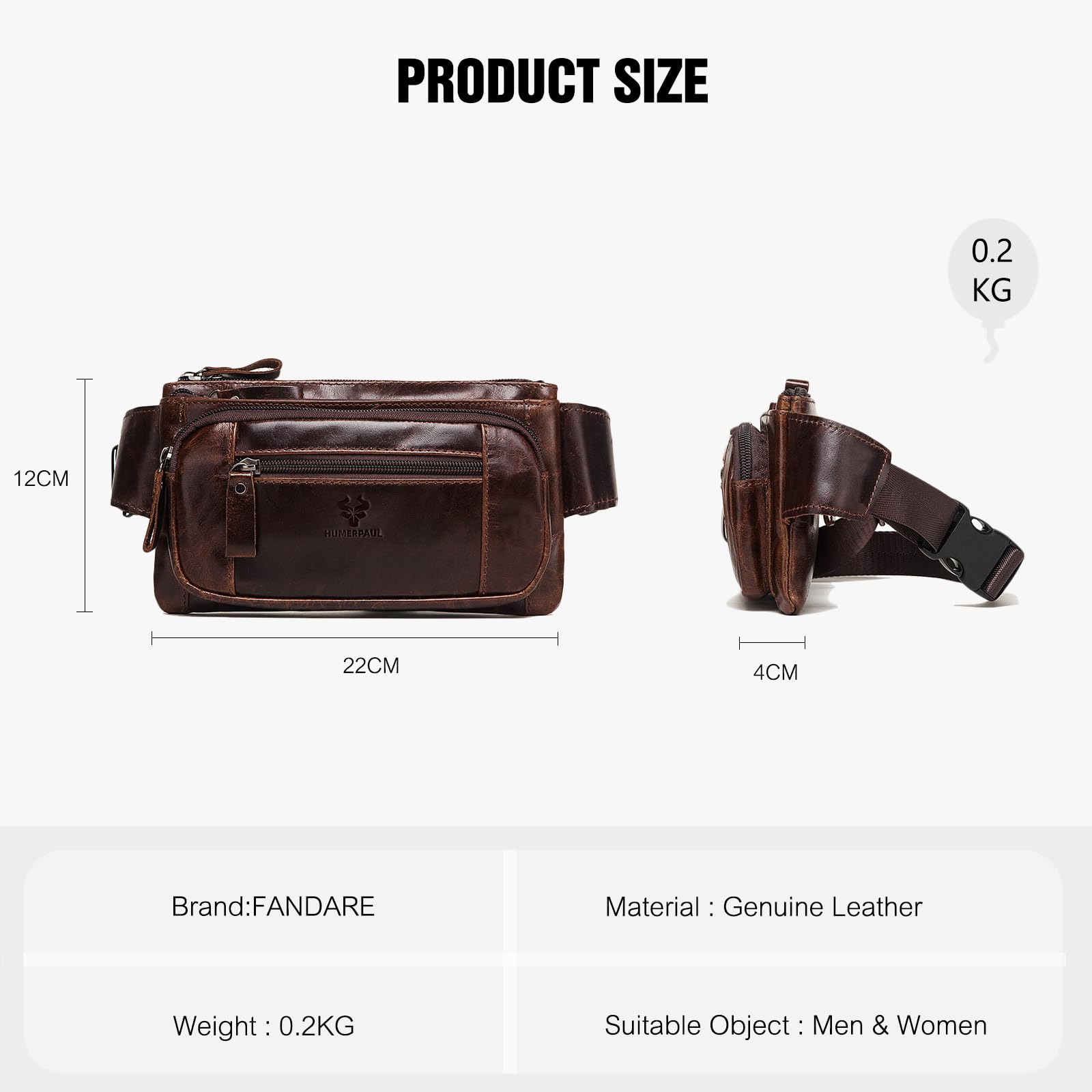 FANDARE Torba nerka z prawdziwej skóry dla mężczyzn i kobiet, unisex torba na talię z wieloma kieszeniami na zamek błyskawiczny, torba na biodra w stylu retro, na podróż, wędrówki, do codziennego