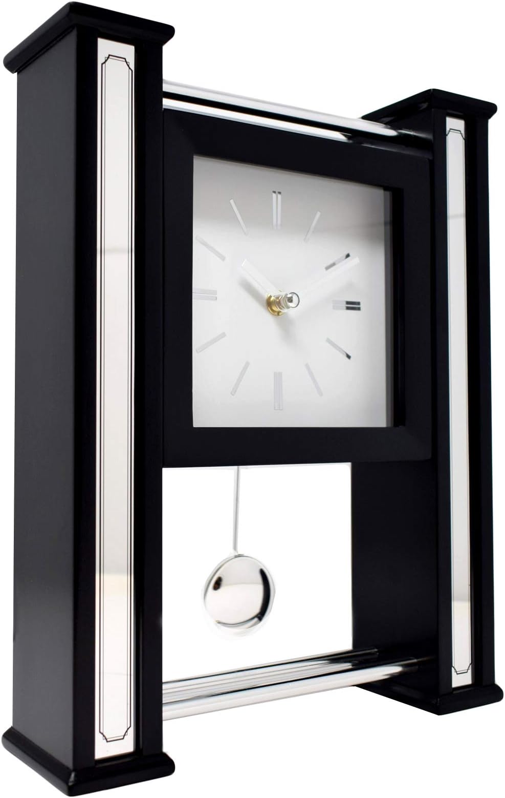 Ultra Modern Wall or Mantel Clock with Moving Pendulum - Black Wood and Silver Chrome Design