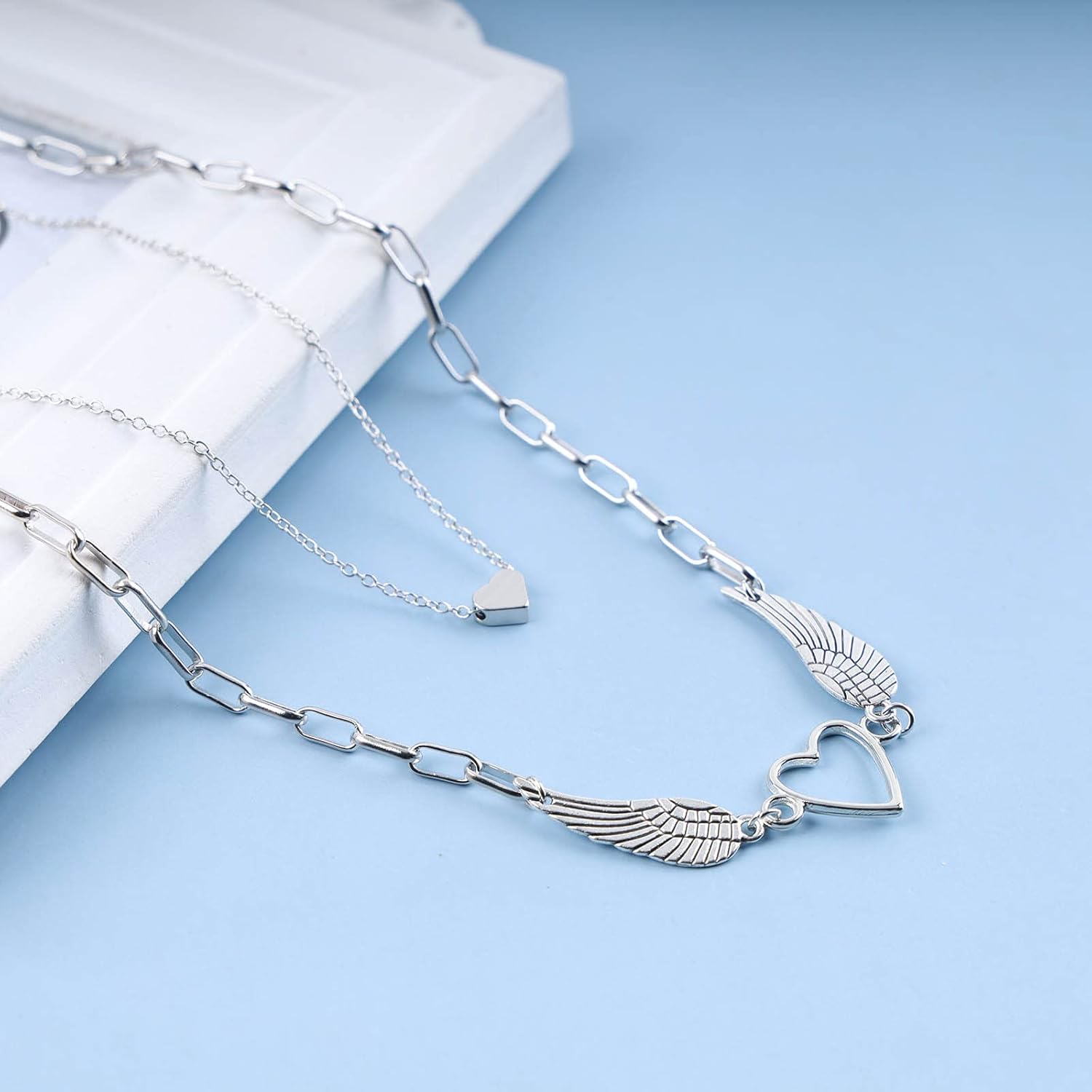 Boho Layered Heart Necklace Hollow Heart Choker Necklace Angel Wings Pendant Necklace Silver Paperclip Chain Necklace Jewelry for Women - Image 5