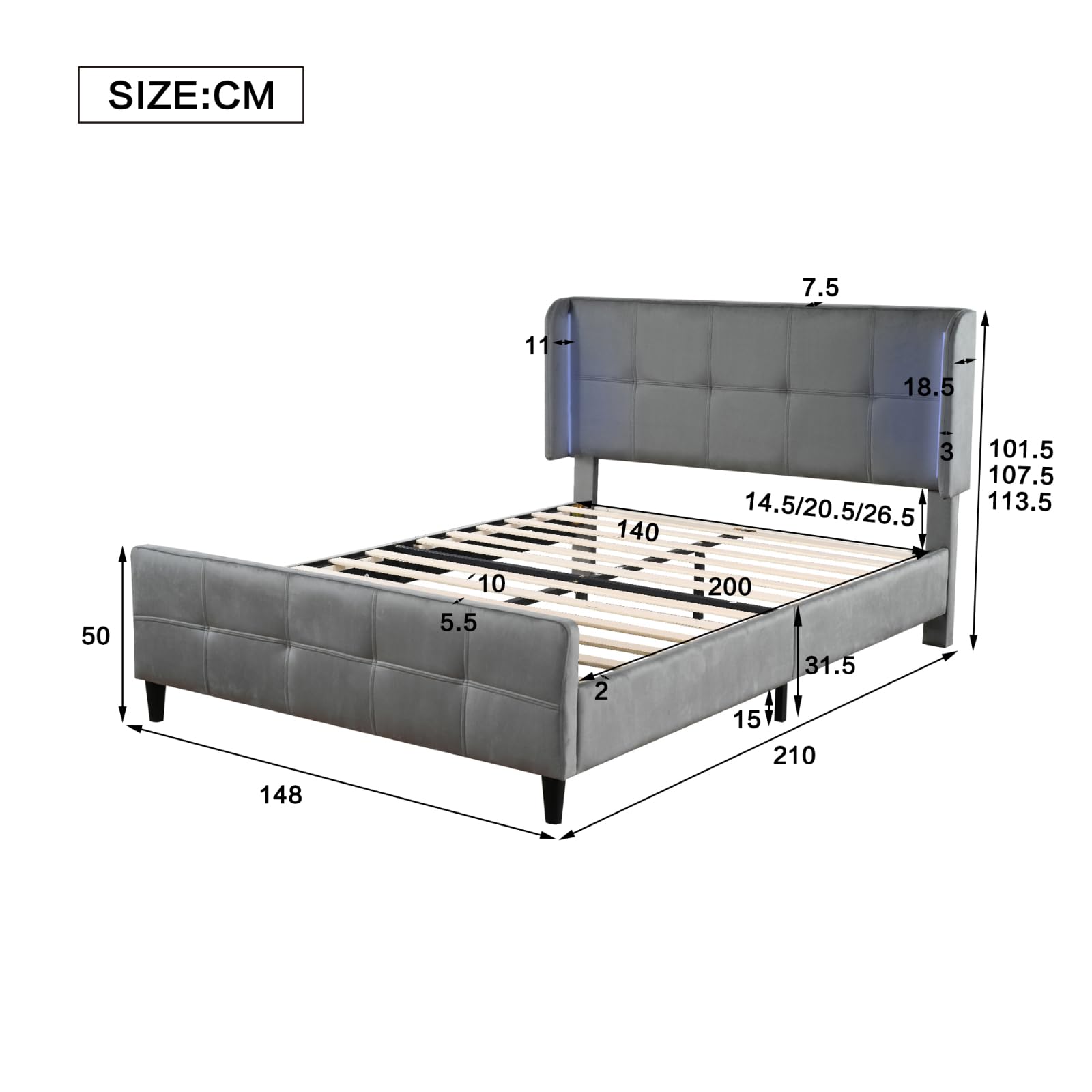 Letto imbottito 140 x 200 cm – letto matrimoniale con barra LED a 16 colori e testa regolabile, letto a molle con rete a doghe, letto per ragazzi grigio velluto (senza materasso)