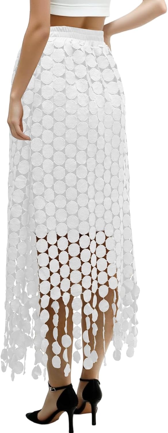 Women's Hollow Out Maxi Skirt Boho Fringe Hem High Waisted Long Skirts for Beach Vacations,Festivals,Date Nights