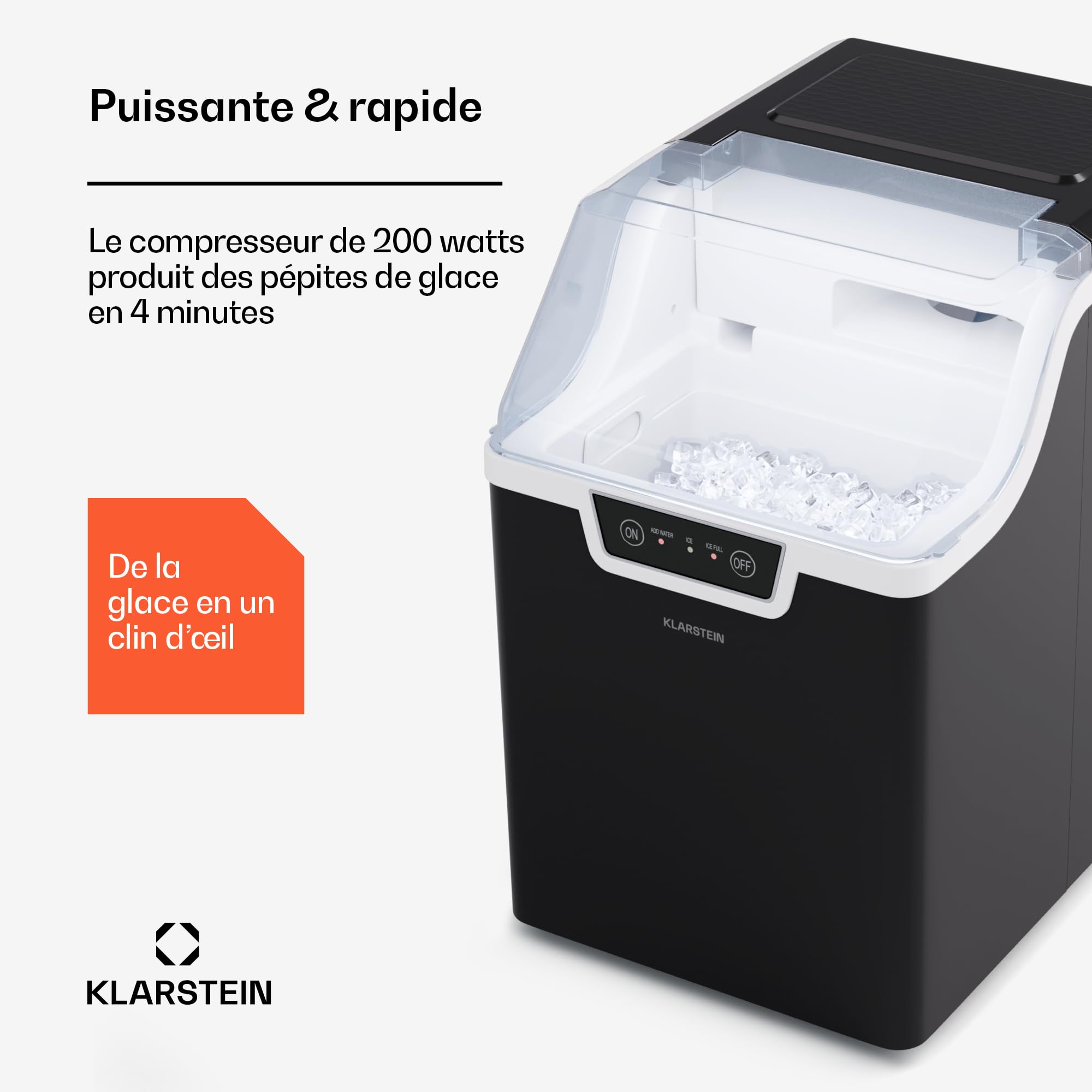 Klarstein Machine a Glacons, Machine à Glacons pour la Maison, Machine a Glacon 200W, 1,7 litres, Fonctionnement Rapide 4 min, Ice Maker 12kg de Glace, Portable, Machines à Glaçons Autonettoyante