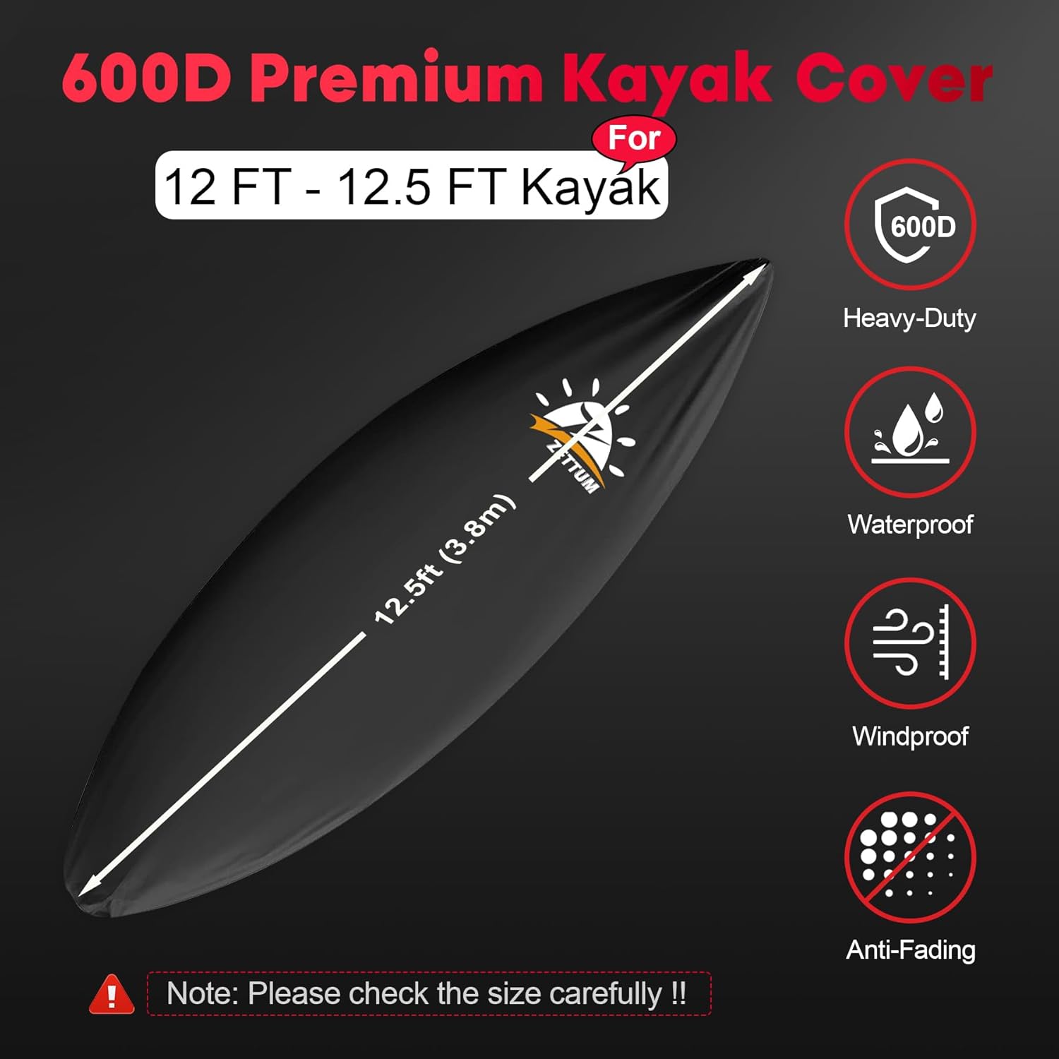 Zettum Kayak Cover 12.5 FT - 600D Kayak Canoe Cover for Outdoor Storage Heavy Duty & Waterproof, Fade-Resistant Kayak Accessory for Canoe, Paddle Board, SUP, and Kayak Boat (Fit 12ft - 12.5ft Kayak)