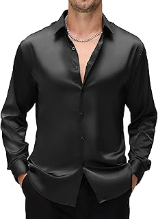 WARHORSEE Mens Silk Satin Dress Shirts Shiny Long Sleeve Button Down Shirt Party Prom