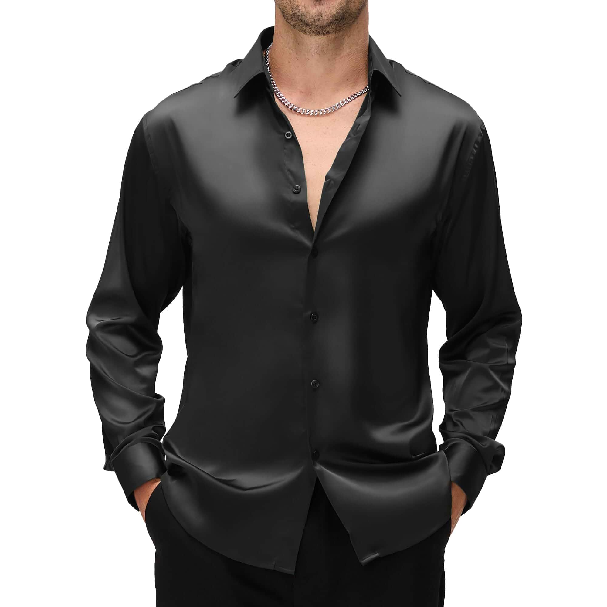 WARHORSEE Men's Silk Satin Dress Shirts Long Sleeve Button Up Shirt for Men Shiny & Moisture Wicking for Party Wedding Prom Club Night,Wrinkle-Resistant All Day Comfortable & Breathable Regular Fit