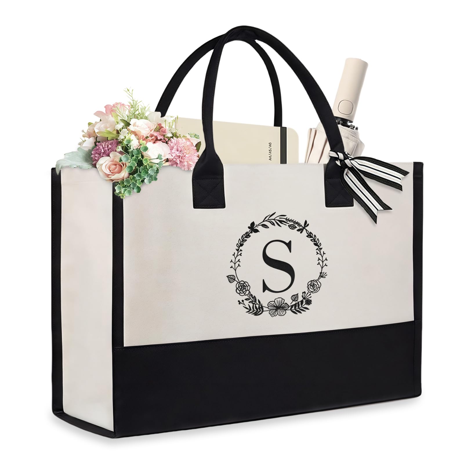 Aucuu Personalized Initial Canvas Beach Bag, Canvas Tote Bag, Monogrammed Gifts Tote Bag for Mom Teacher Friends