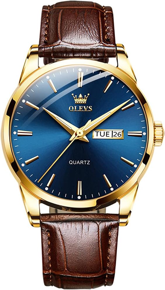 OLEVS Watches for Men Leather Men Easy Read Watches, Arabic Numerals Simple Style Calendar Large Face Watches (White/Black/Blue Dial)
