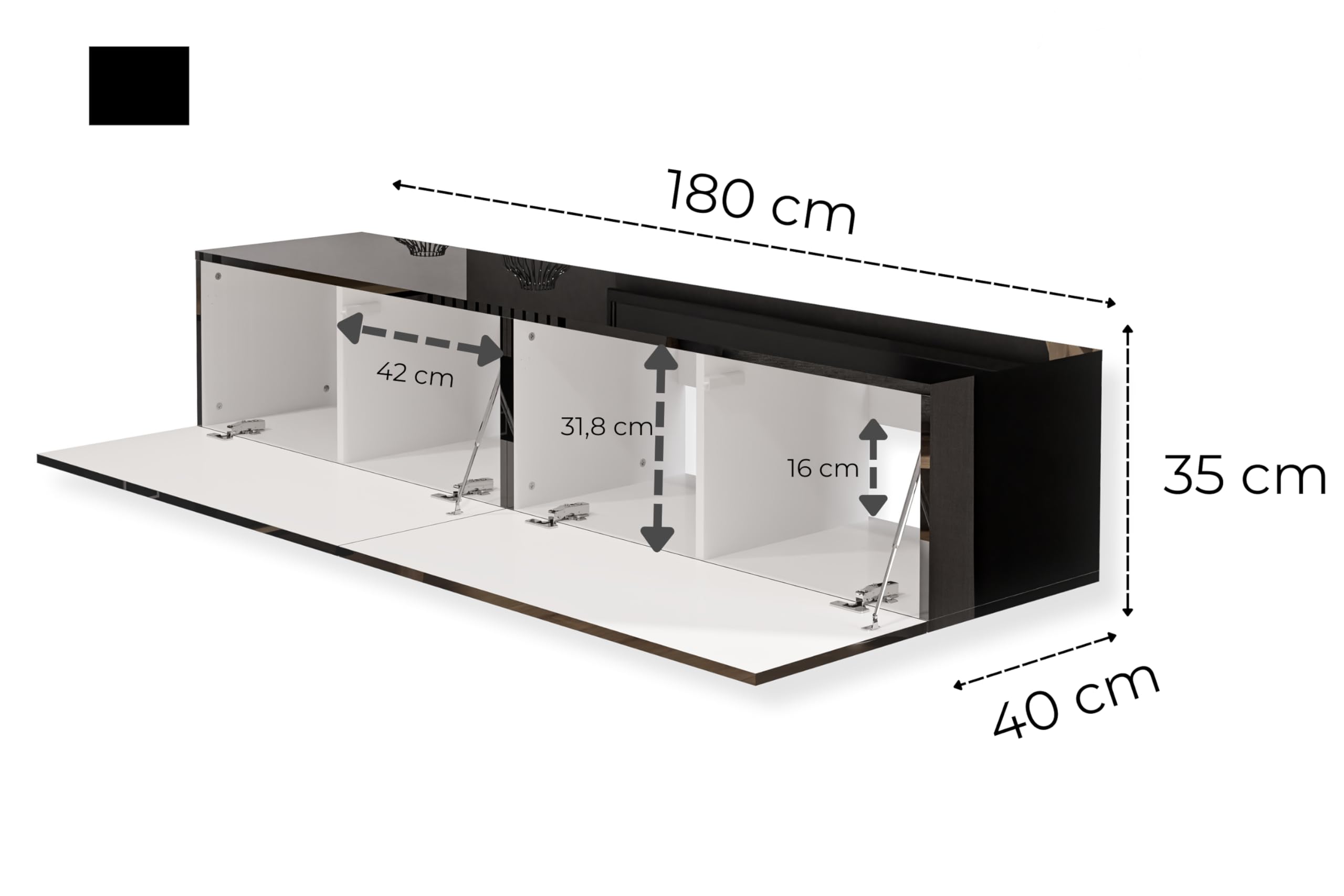 Szafka RTV Wisząca Połysk Czarna 180 cm (2x90 cm) Lowboard Push To Open Bez Uchwytów Szafka Pod Telewizor Do Salonu 180x35x40 cm Nowoczesna