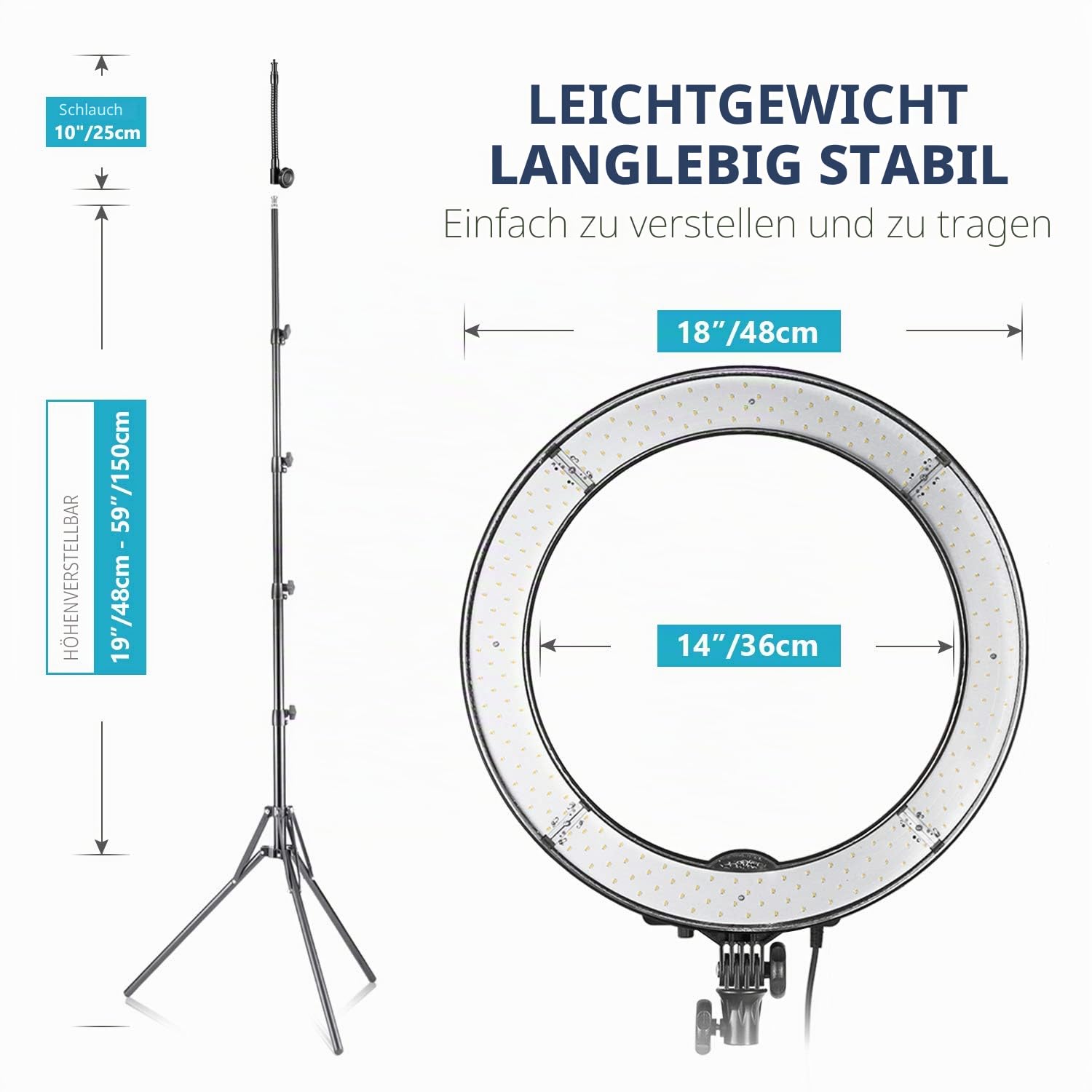 NEEWER Kamera Foto Video Ringlicht Kit: 18 Zoll/48 Zentimeter Außen 52W 5500K dimmbare LED Ringlicht Licht Standplatz Bluetooth Empfänger für Smartphone YouTube Self-Porträt Aufnahmen