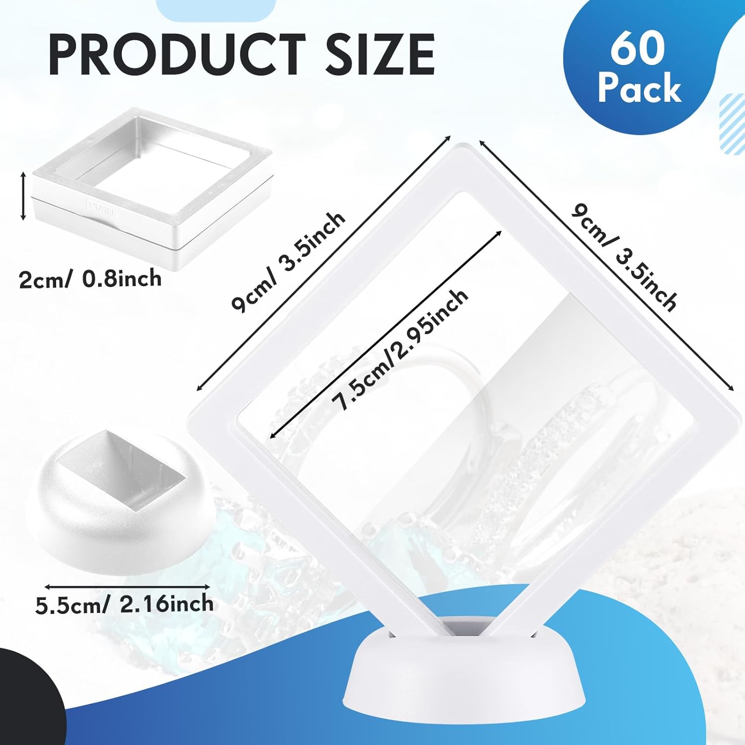 60 Pcs 3D Floating Display Case PE Film Jewelry Storage Box Coins Display Frame Holder Stands for Antique Challenge Coins, Medallion Shells Gems Rocks Pins (White,3.5 Inch)