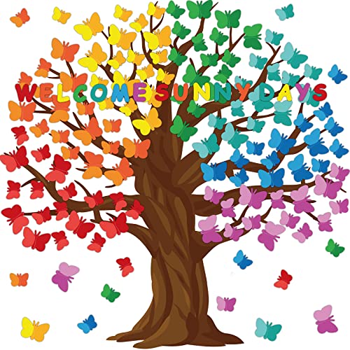 128 Pcs Butterfly Tree Bulletin Board Decorations Spring Classroom Bulletin Board Sets Welcome Sunny Days Back to School Cutouts for Wall Background Chalkboard Supplies