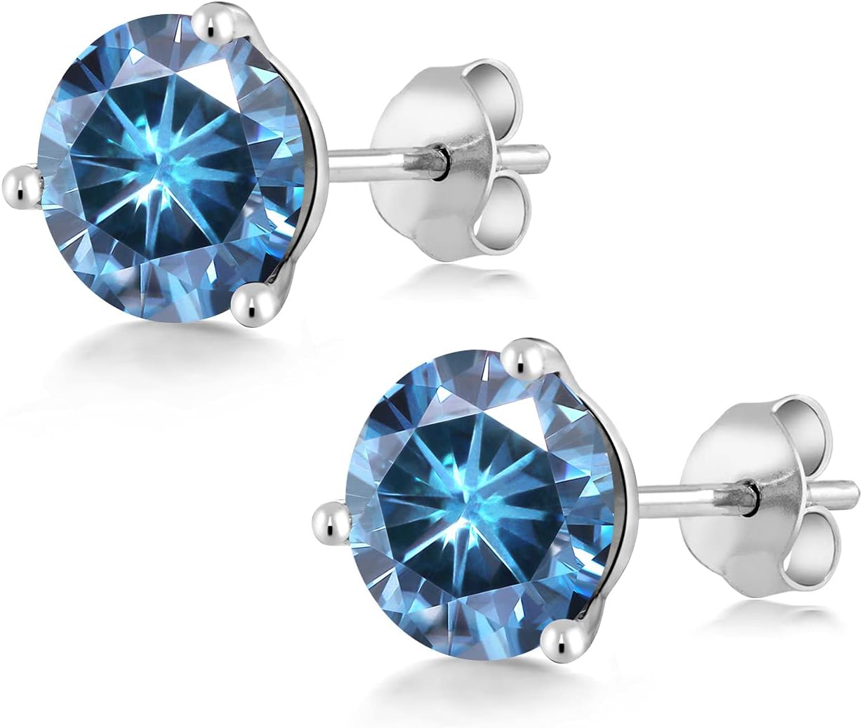 Gem Stone King 18K White Gold Persian Blue Moissanite 3 Prong Stud Earrings For Women Men (2.00cttw, Gemstone, Round 6.5MM) - Image 3