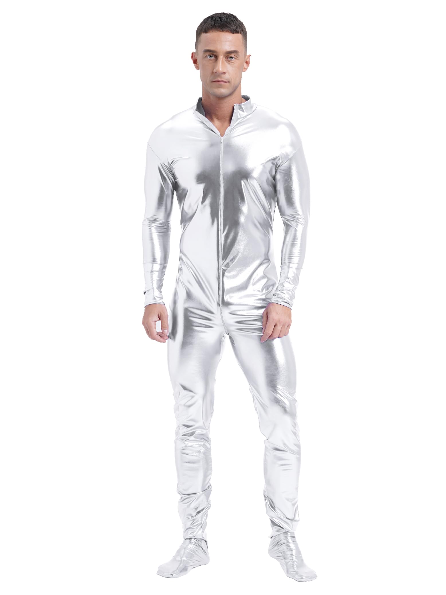 Uomo Body Danza Metallico Body Unitard Maniche Lunghe Bodysuit Ginnastica Spettacolo
