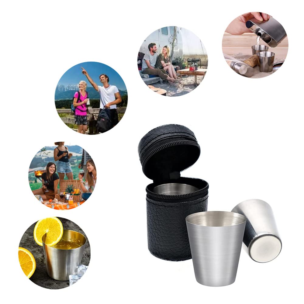 Set 4 Bicchierini In Acciaio Inox Da 30 Ml Con Catena Portatile - Per Feste, Campeggio, Degustazioni, Rosa Con Catena Perle