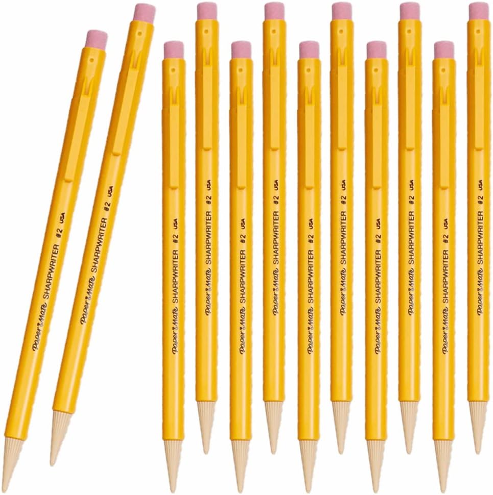 Newell Brands 12 x PaperMate Sharpwriter Mechanical Pencils with Eraser & Twistable Shock-Absorbing Tip for Low Lead Breakage, HB 0.7mm Lead, Yellow Barrel (Loose in Plain Packaging)