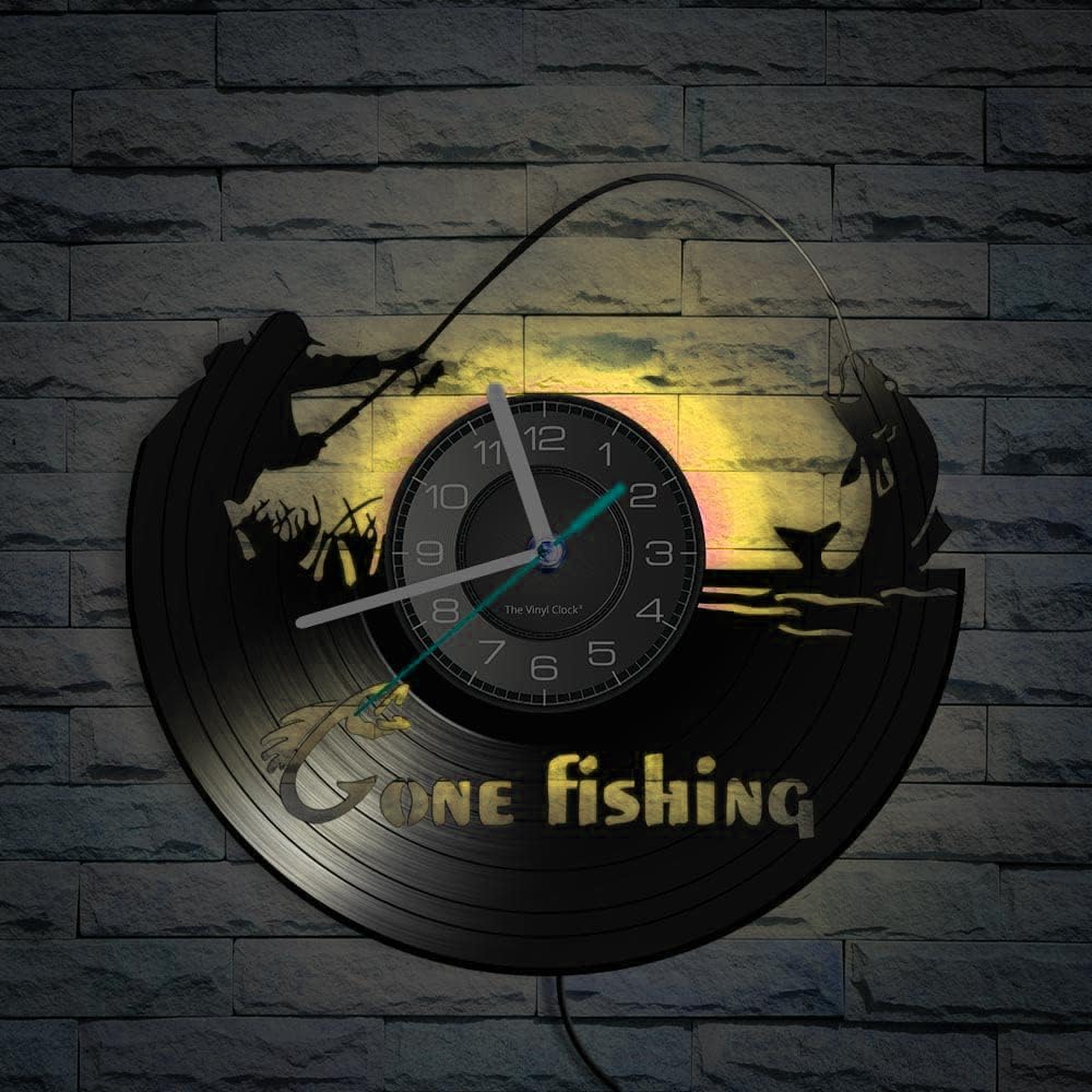 Smotly Black Vinyl Wall Clock, Quiet River Fishing Pattern With 7 Color Night Light Function, Wall Clock Gift For Fishing Lovers.