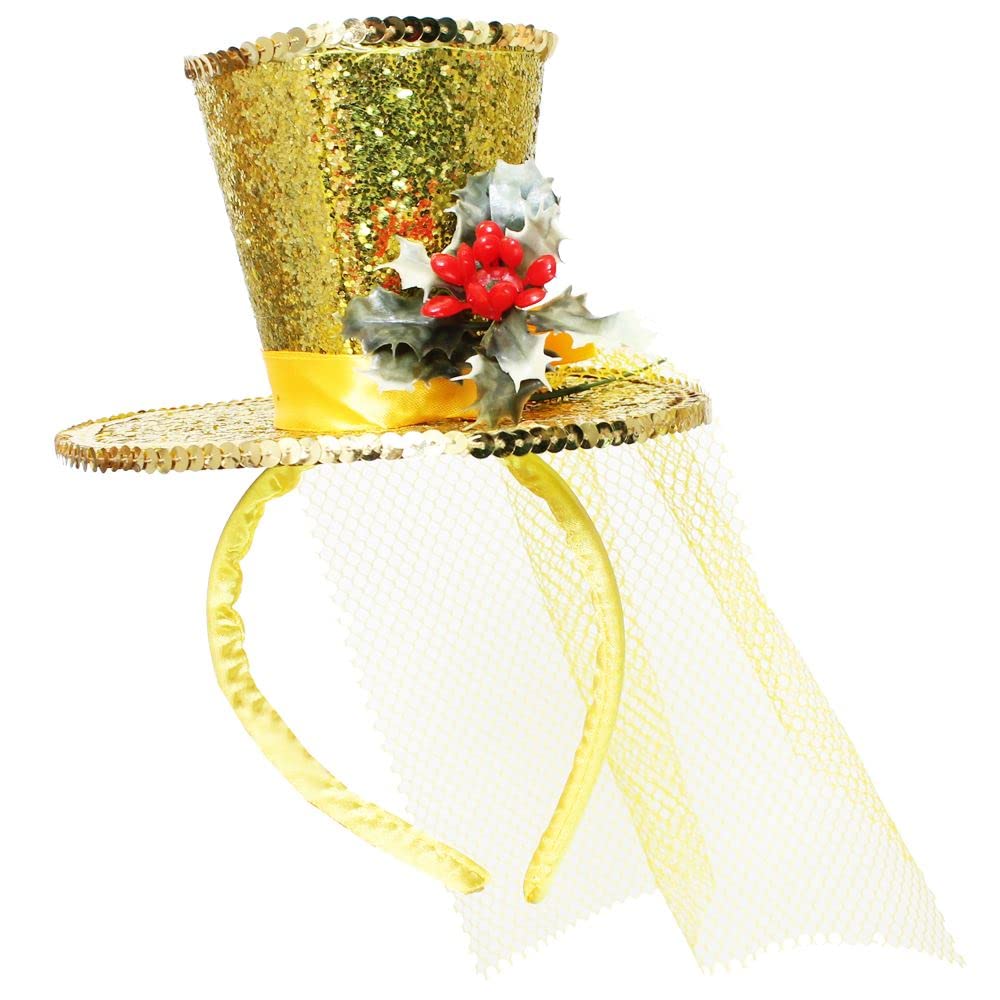 Christmas Hat Accessory Set - Ladies Mini Gold Glitter Top Hat With Veil Fascinator + Sprig of Fake Holly - Christmas Party Fancy Dress Accessory