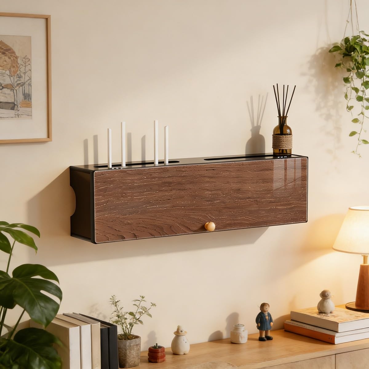 Porta Modem da Parete - Scatola Porta Router con Gestione Cavi e Segnale Compatibile per Router WiFi, Modem, Decoder TV, Decor Casa(B,50cm/19.7in)