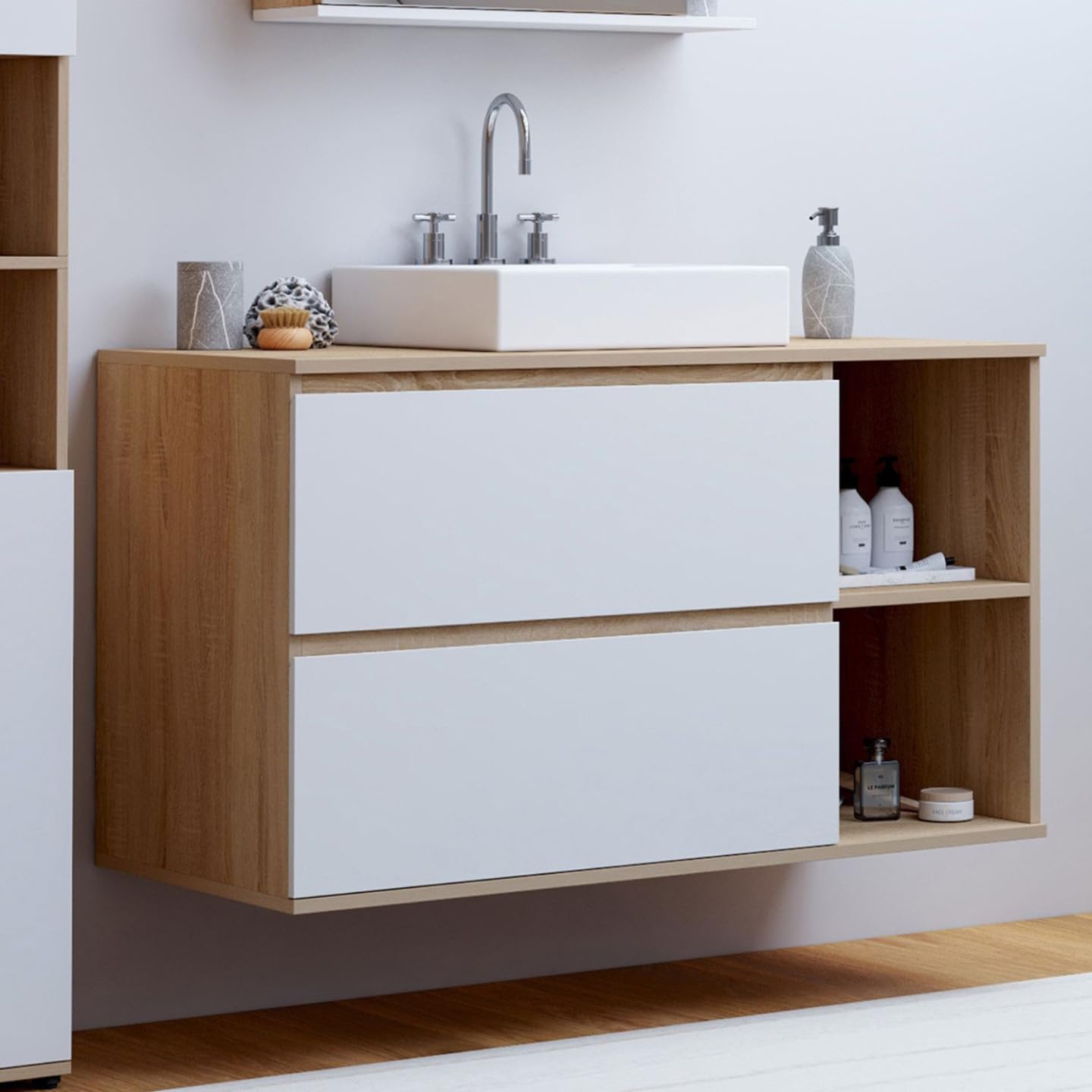 IDMarket - Lavabo colgante TOMI con 2 cajones y 2 nichos en haya y blanco