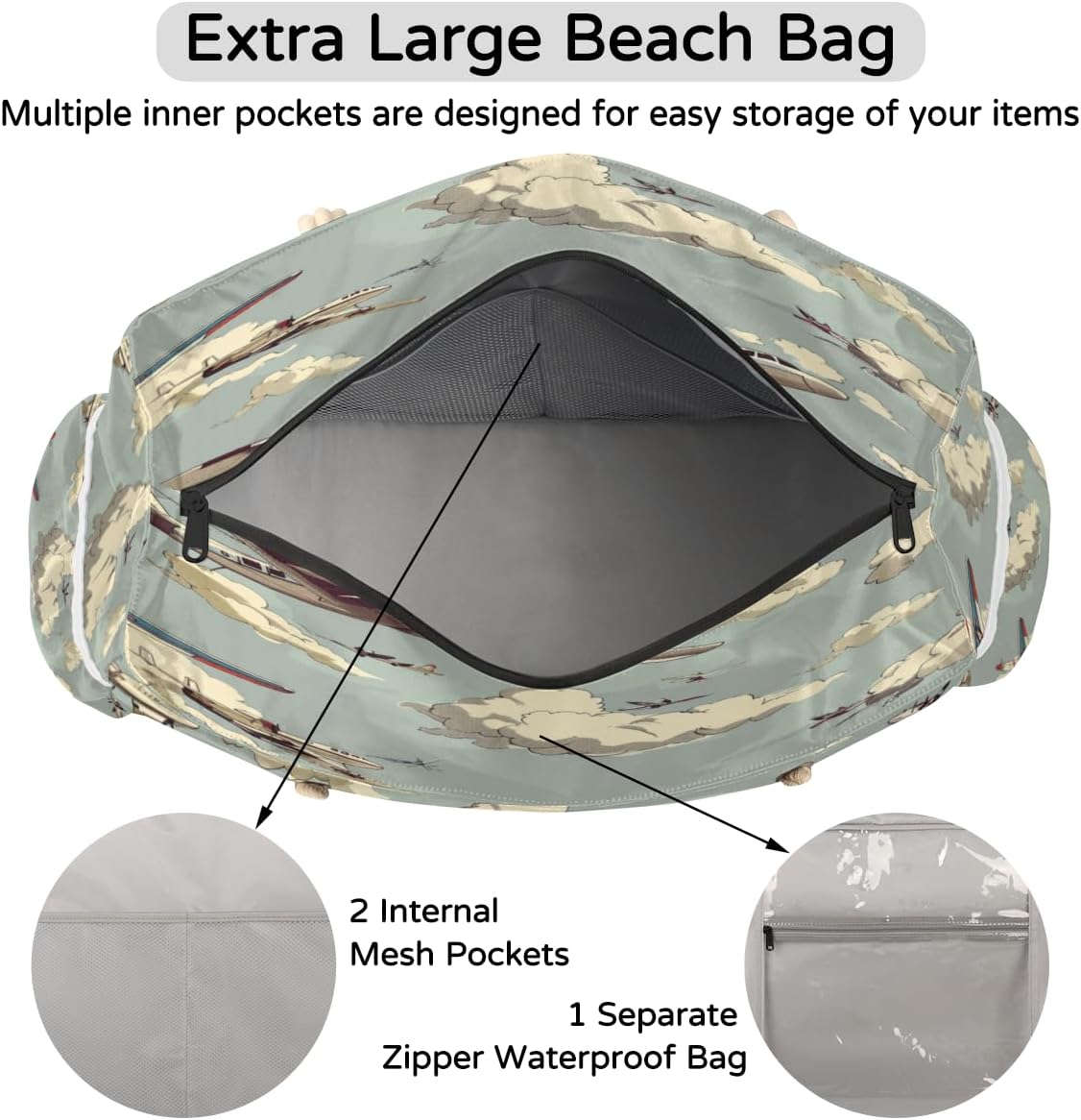 Cartoon Airplanes Clouds Beach Bag for Women Waterproof Sandproof Tote with Zipper Cotton Rope Handles for Travel Pool Gym Shopping