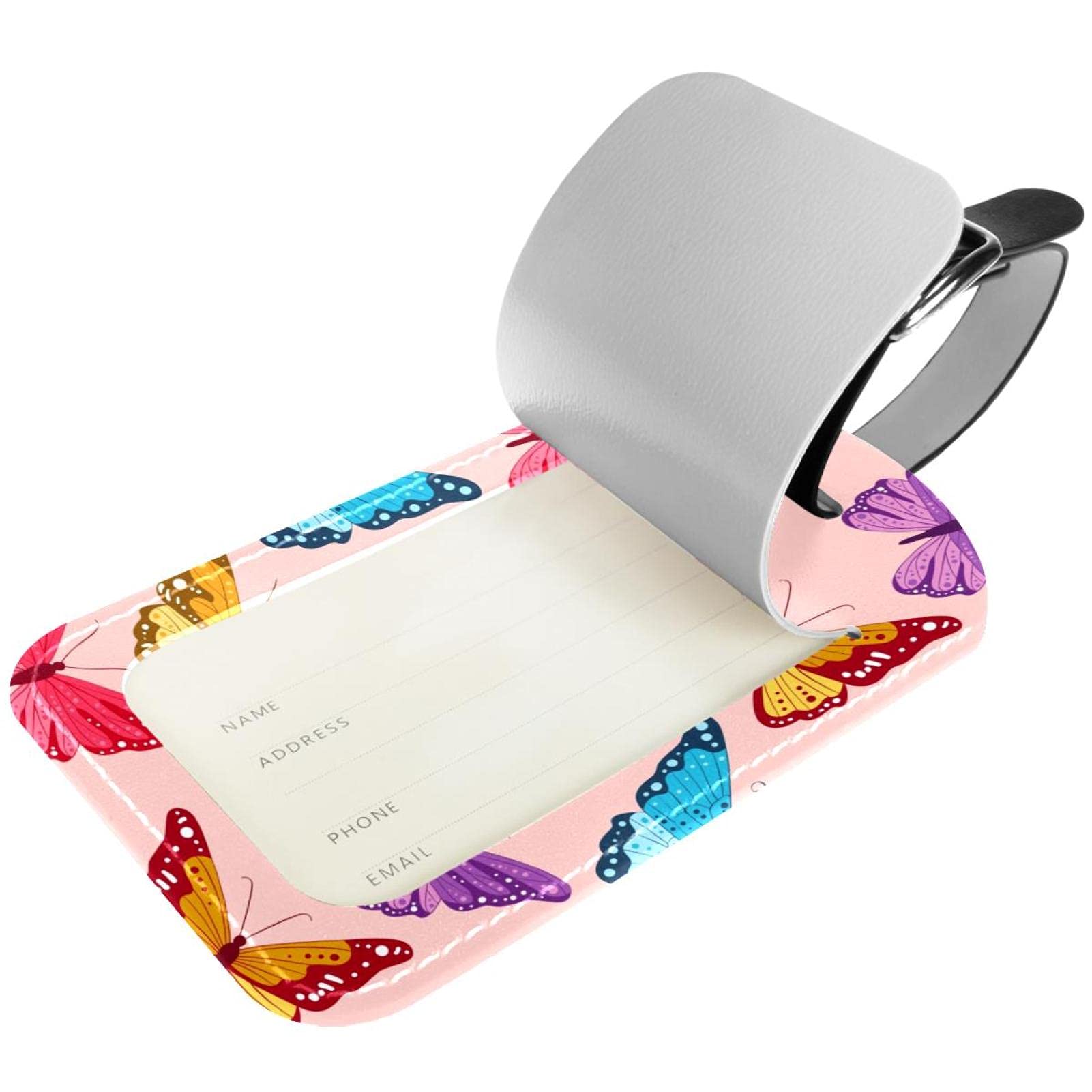 2 Etichette Da Bagaglio Con Farfalle Colorate In Pelle PU – Identificativo Per Valigia Con Anello Acciaio E Protezione Privacy