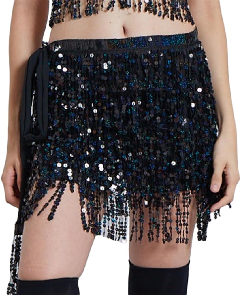 Dance Belly Dance Dancer Costume Sequin Tassel Fringe Hip Scarf Belt Waist Wrap Skirt