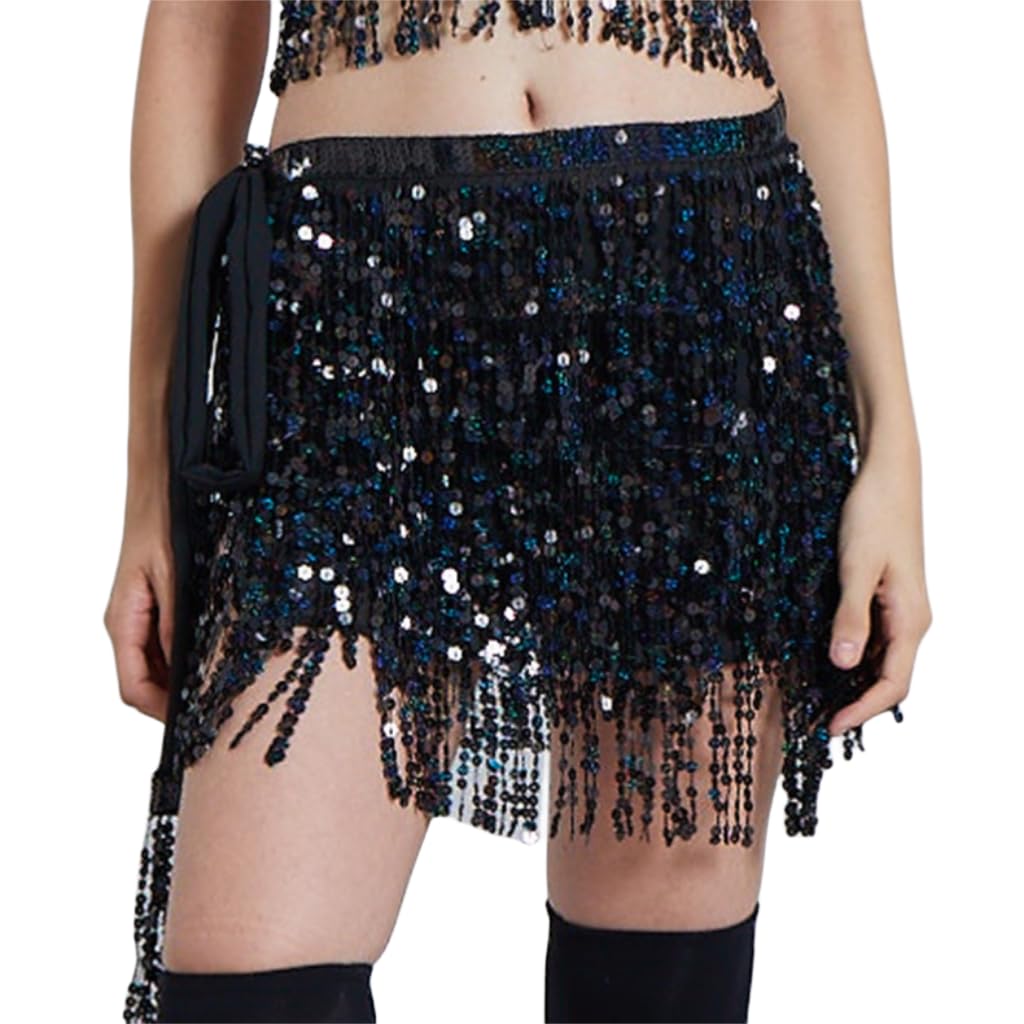 QG ltd Dance Belly Dance Dancer Costume Sequin Tassel Fringe Hip Scarf Belt Waist Wrap Skirt (Black)