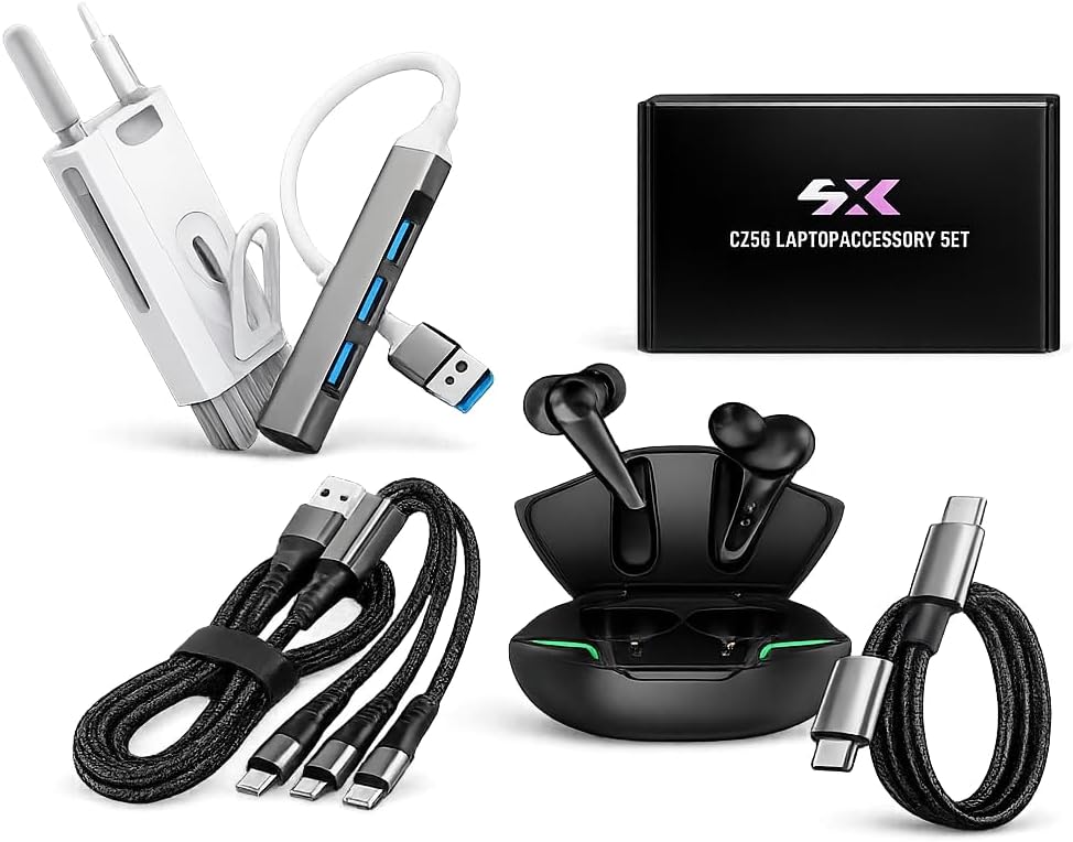 5-in-1 Laptop Accessory Bundle with USB-C Hub and Bluetooth Earbuds