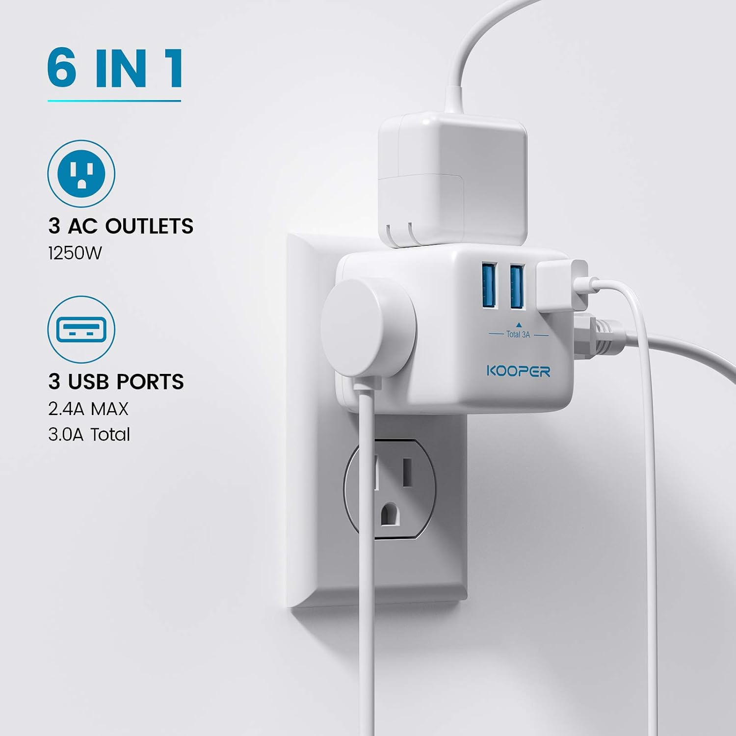 Multi Plug Outlet Extender, KOOPER Wall Plug with 3 Outlet Splitter 3 USB Charger 3.0A Wide Spaced Cube Plug Extender Outlet Adapter for Kitchen Bathroom Dorm Essentials Office Cruise Ship Travel