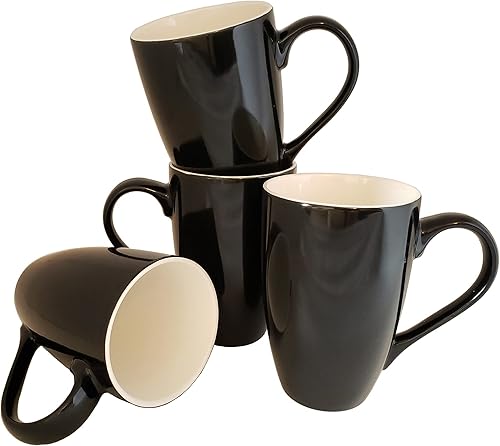 Tazas de café grandes de porcelana Portici de 18 onzas, color negro, juego de 4 tazas altas estilo bistró con asas extra grandes y colores