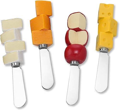 UP ware 4 piezas pintadas a mano mango de resina con hoja de acero inoxidable esparcidor de queso cuchillos esparcidores de mantequilla (dice queso!)