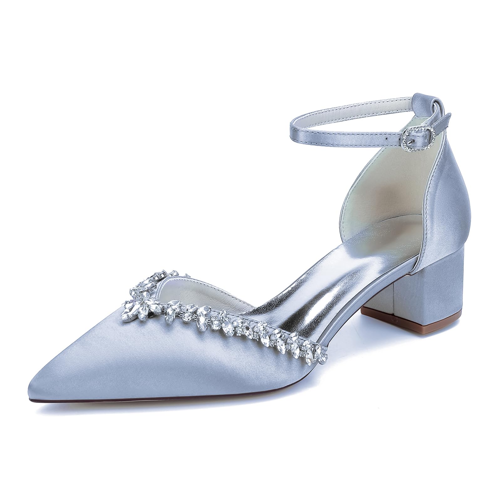 Mujer Tacón Ancho Bajo Zapatos De Boda Satén Tiras Al Tobillo Punta Cerrada Zapatos De Novia con Diamantes De Imitación