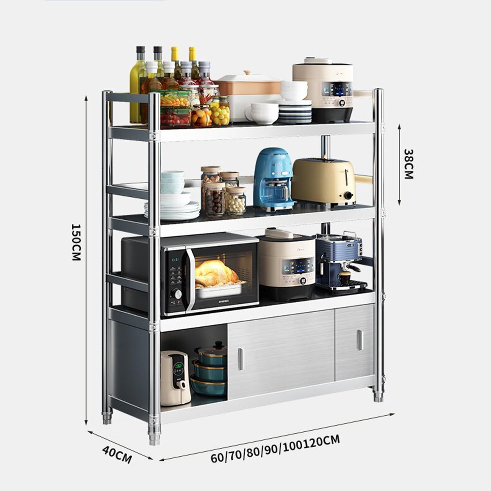 Tavolo resistente in acciaio inox con armadio e scaffalatura, per cucina, ristorante, hotel, garage (60 x 40 x 150 cm)